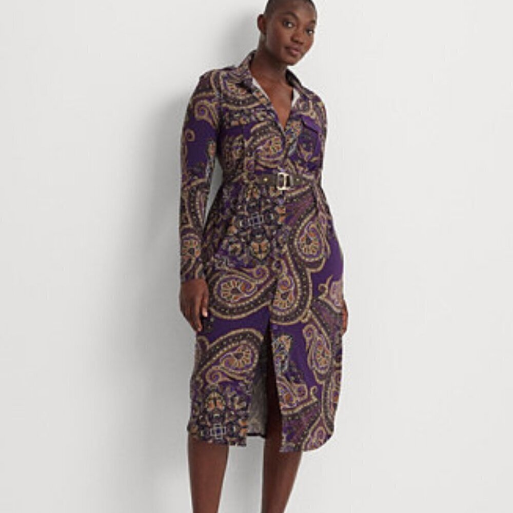 black label lauren ralph lauren purple paisley button down jersey dress size S